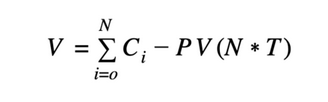 Where:       V is the fair value of the machine.      Ci is the call option value with mining revenue as underlying, with expiration on day i.       T is the daily operating expense.