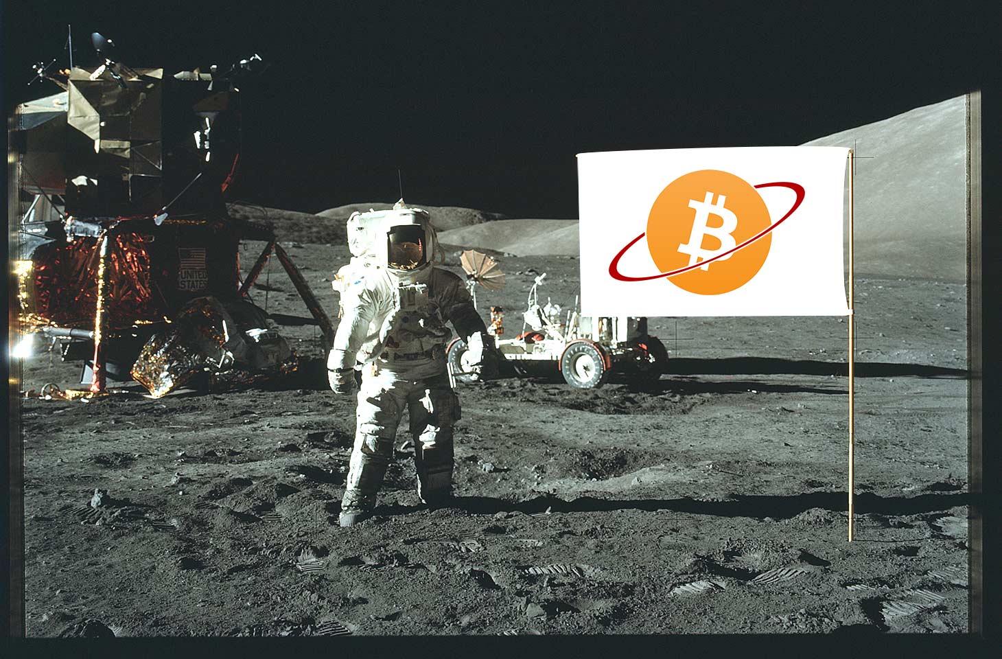 Apollo moon landing with Bitcoin flag